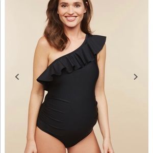 Maternity Bathing Suit - One shoulder ruffle